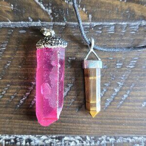 Lot of 2 Crystal Pendants Tigers Eye & Pink Synthetic Boho Witchy Costume